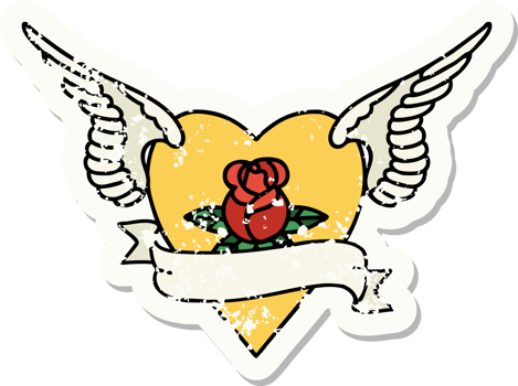 traditional distressed sticker tattoo of a heart with wings a rose and banner png