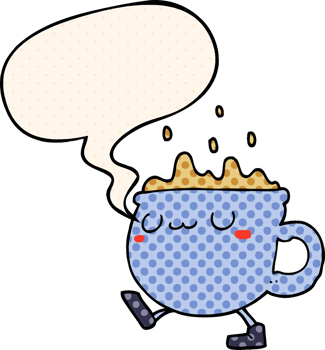 cartoon coffee cup walking and speech bubble in comic book style png