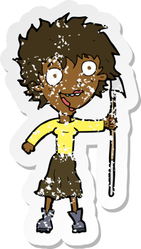 retro distressed sticker of a cartoon crazy woman with spear png