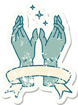 grunge sticker with banner of reaching hands png