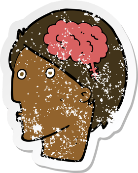 retro distressed sticker of a cartoon man with brain symbol png