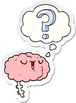 cartoon curious brain and thought bubble as a printed sticker png
