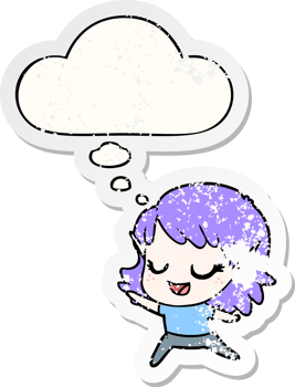 carton happy elf girl dancing and thought bubble as a distressed worn sticker png