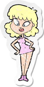 retro distressed sticker of a cartoon woman with hands on hips png