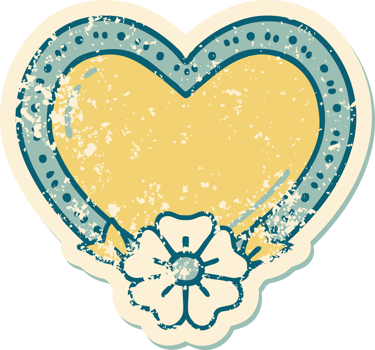 iconic distressed sticker tattoo style image of a heart and flower png