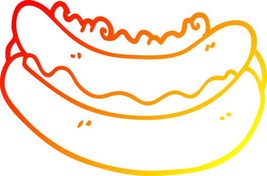 warm gradient line drawing of a cartoon hotdog in a bun png