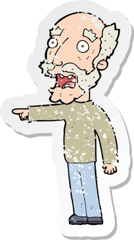 retro distressed sticker of a cartoon scared old man pointing drawing png