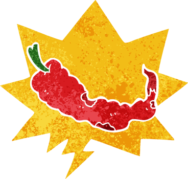 cartoon chili pepper with speech bubble in grunge distressed retro textured style png