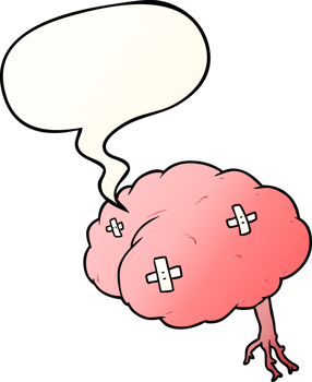 cartoon injured brain with speech bubble in smooth gradient style png