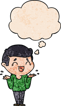 cartoon laughing confused man with thought bubble in grunge texture style png