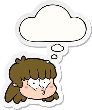 cartoon female face with thought bubble as a printed sticker png