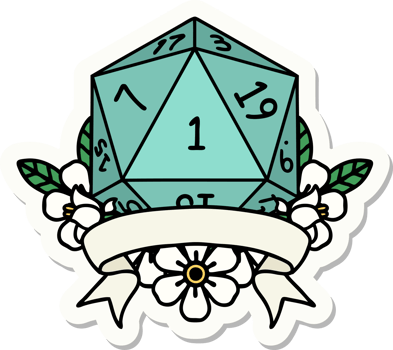 sticker of a natural one d20 dice roll png
