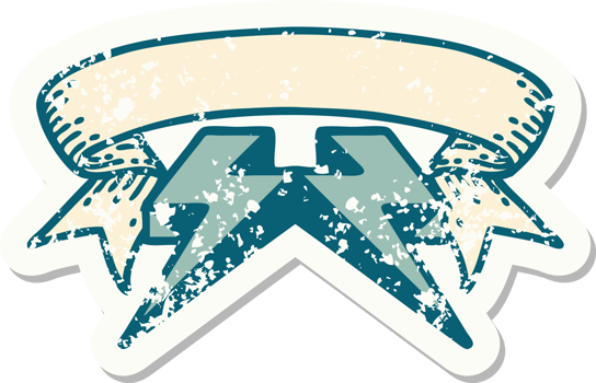 worn old sticker with banner of lighting bolt png
