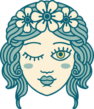 iconic tattoo style image of a maidens face winking png