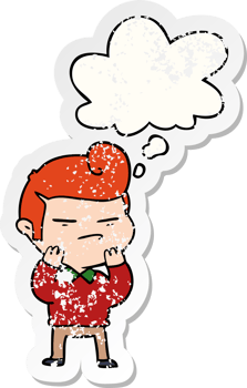 cartoon cool guy with fashion hair cut and thought bubble as a distressed worn sticker png
