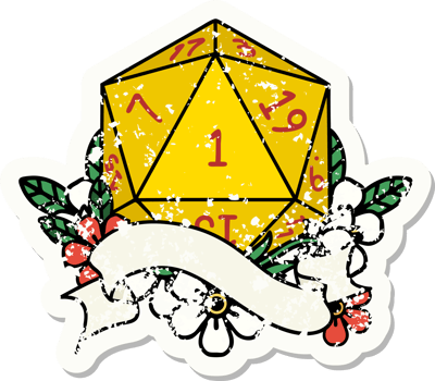 natural one d20 dice roll grunge sticker png