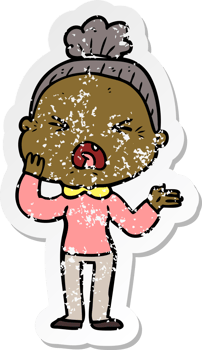distressed sticker of a cartoon angry old woman png