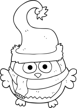 black and white cartoon owl wearing christmas hat png