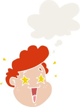 cartoon happy face and thought bubble in retro style png