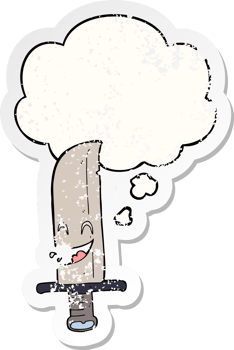 cartoon laughing knife and thought bubble as a distressed worn sticker png