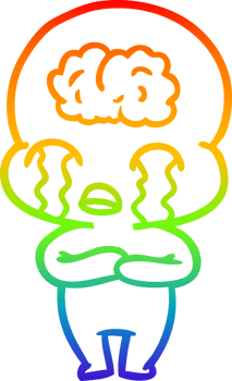 rainbow gradient line drawing cartoon big brain alien crying png
