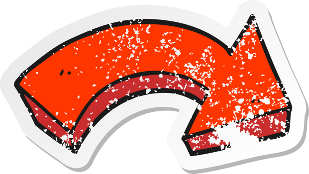 retro distressed sticker of a cartoon pointing arrow png