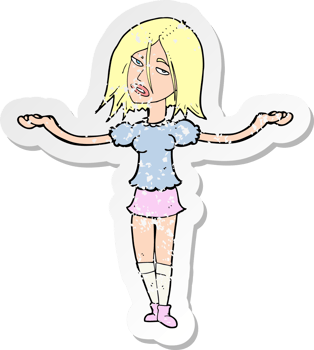 retro distressed sticker of a cartoon woman shrugging shoulders png