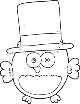 black and white cartoon owl in top hat png