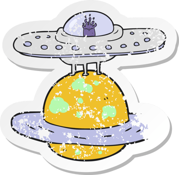 retro distressed sticker of a cartoon flying saucer png
