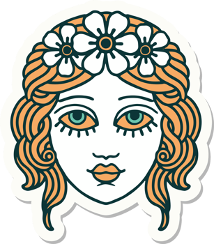 tattoo style sticker of female face with crown of flowers png