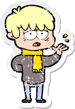 distressed sticker of a cartoon exhausted boy png