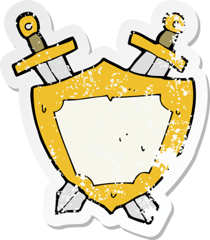 retro distressed sticker of a cartoon shield and swords drawing png