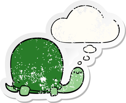 cute cartoon tortoise with thought bubble as a distressed worn sticker png