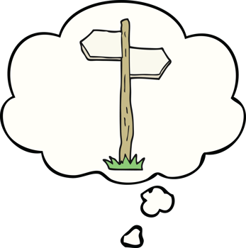 cartoon old direction sign with thought bubble png