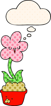 cute cartoon flower with thought bubble in comic book style png