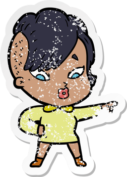 distressed sticker of a cartoon surprised girl pointing png