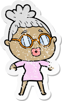 distressed sticker of a cartoon woman wearing spectacles png