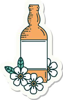 sticker of tattoo in traditional style of a rum bottle and flowers png