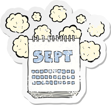 retro distressed sticker of a cartoon calendar showing month of September png