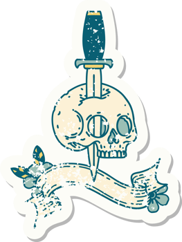 worn old sticker with banner of a skull png