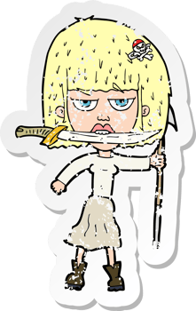 retro distressed sticker of a cartoon woman with knife and harpoon png