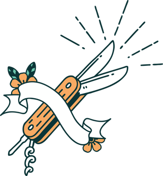 scroll banner with tattoo style folding knife png