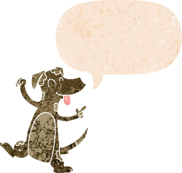 cartoon dancing dog with speech bubble in grunge distressed retro textured style png