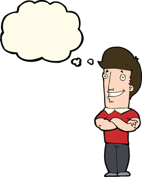 cartoon man with folded arms grinning with thought bubble png