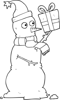 black and white cartoon snowman holding present png