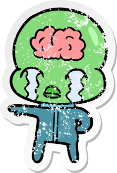 distressed sticker of a cartoon big brain alien crying png