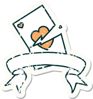 worn old sticker with banner of a torn card png
