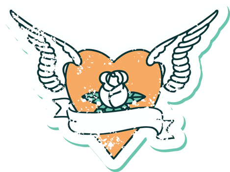 iconic distressed sticker tattoo style image of heart with wings a rose and banner png