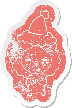 quirky cartoon distressed sticker of a crying lion wearing santa hat png
