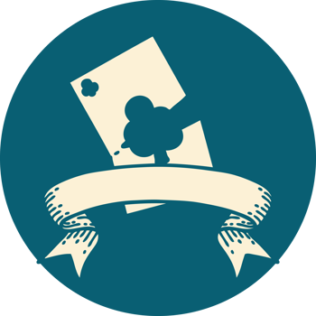 tattoo style icon with banner of a torn card png